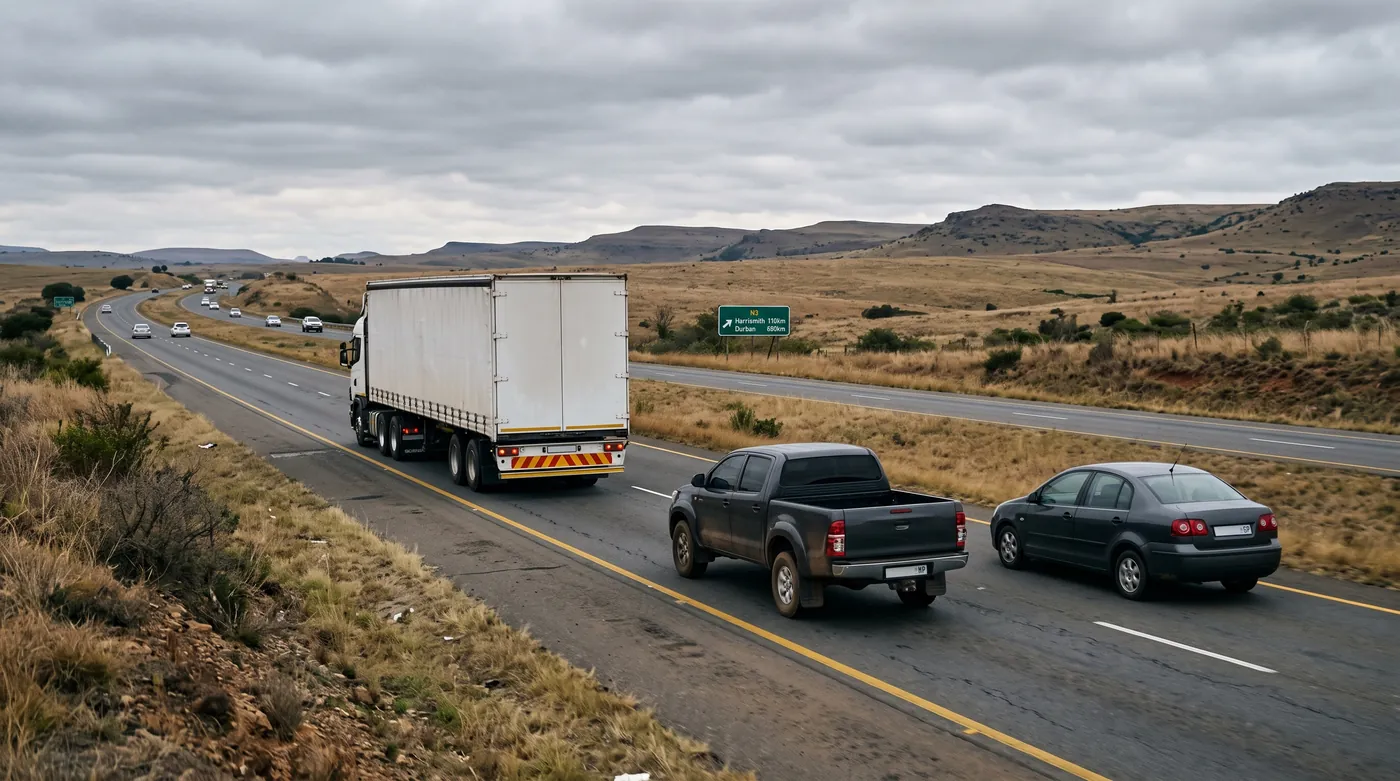 Unmarked escort vehicles travelling with a freight truck on a national road