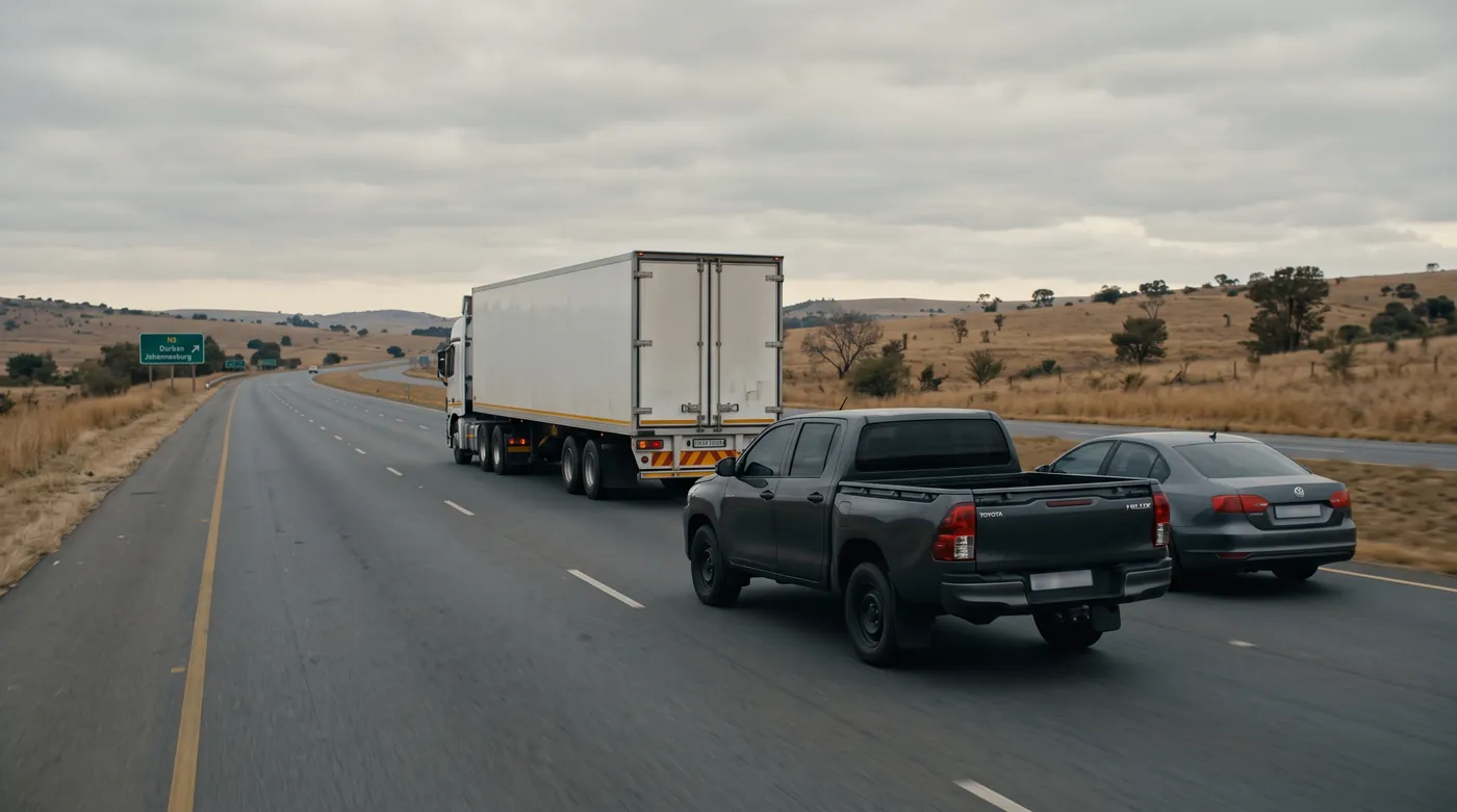 Unmarked bakkie and sedan following a freight truck on a national road