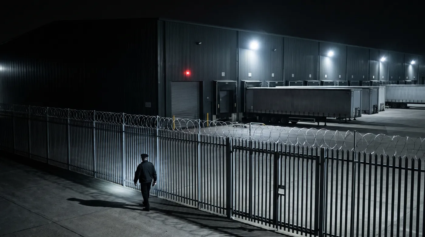 Industrial warehouse under security cover at night