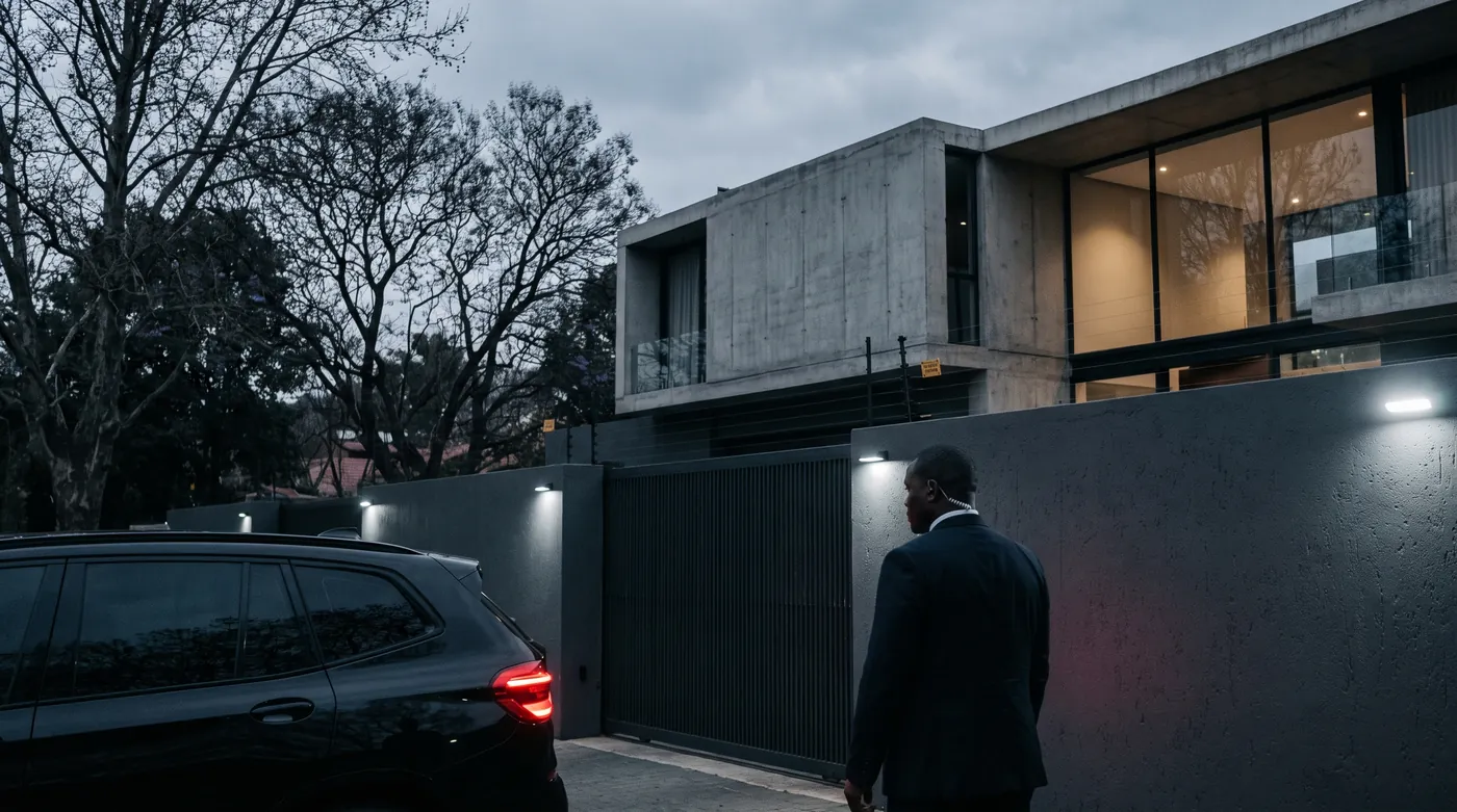 Modern private residence with lit exterior and an unmarked vehicle