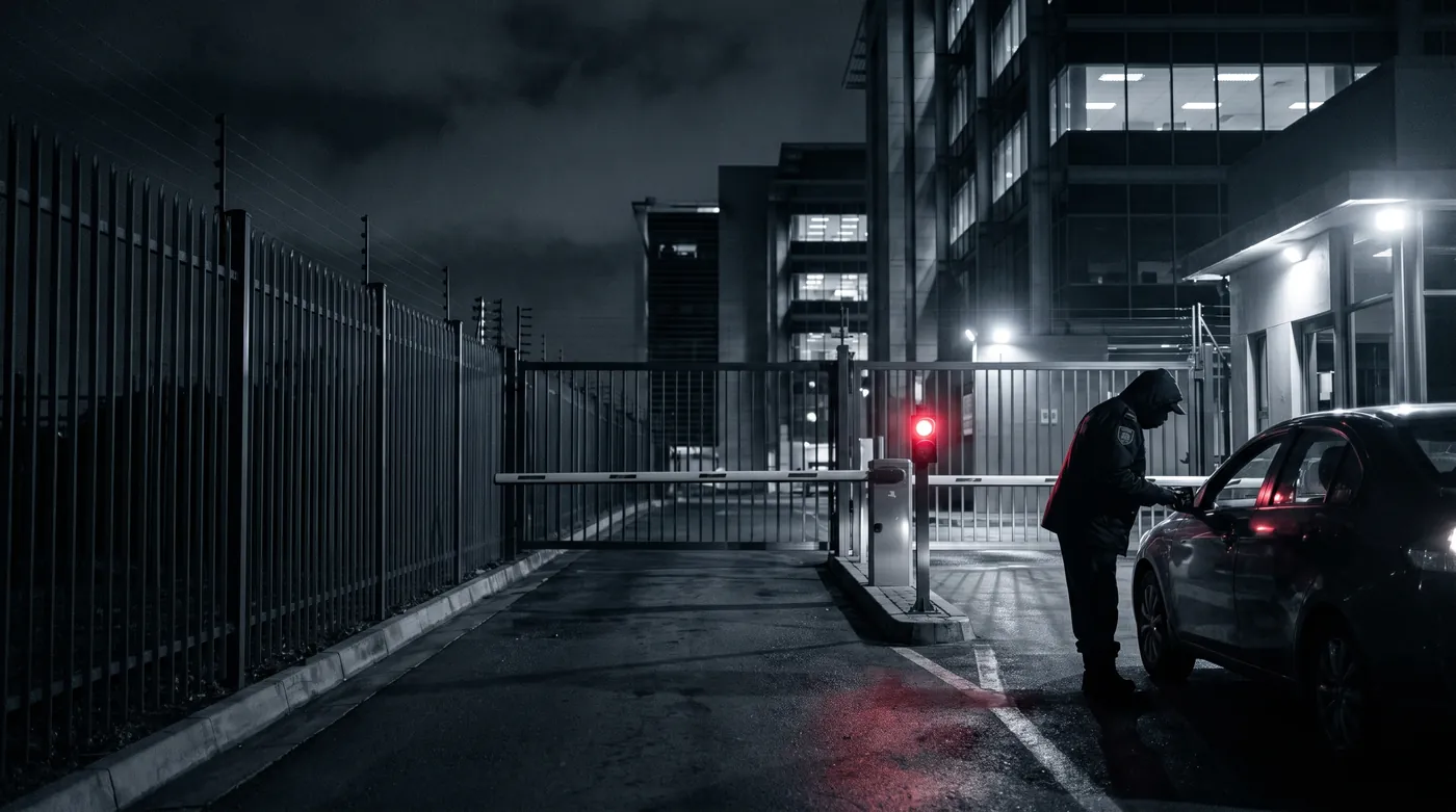 Security officer at the gate of a secured commercial site at night